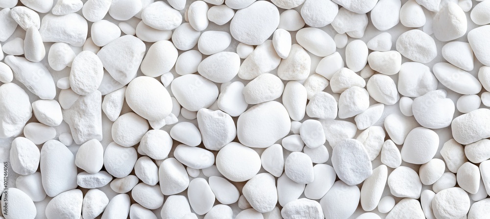 Smooth, Round White Pebbles Create A Serene And Natural Background Texture. Top View, Flat Lay Smooth, Round White Pebbles Create A Serene And Natural Background Texture. Top View, Flat Lay