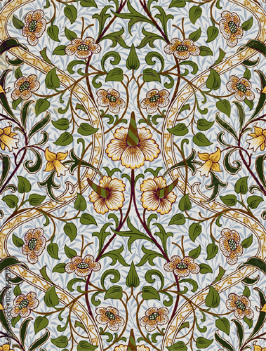  intricate art nouveau floral pattern with a symmetrical design featuring flowers and vines on a light blue background.