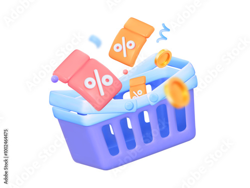 3D illustration of coupons, coins and discounts in the cart for online store shop.