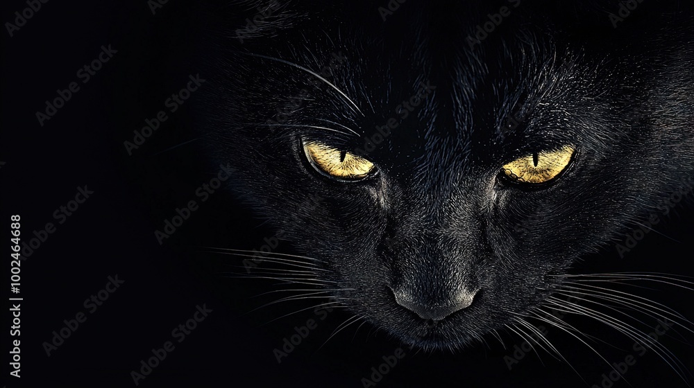 A macro image of a black cat's visage featuring yellow orbs and whiskers adorning its facial region A macro image of a black cat's visage featuring yellow orbs and whiskers adorning its facial region