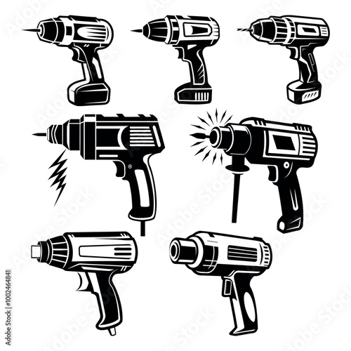 set of construction tools: drill, hammer drill, hair dryer on white background