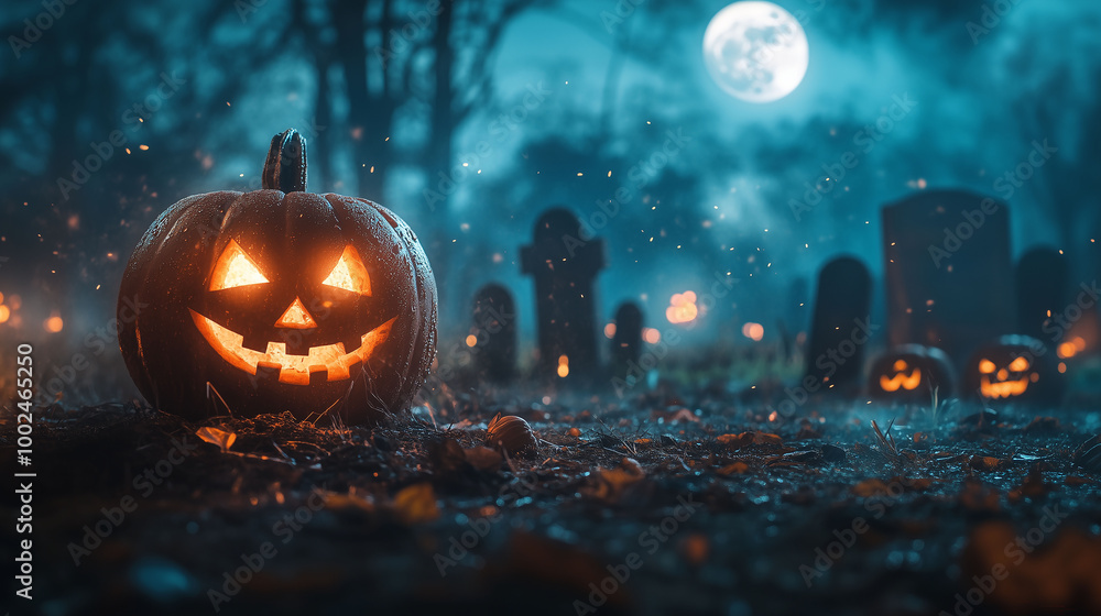 A spooky Halloween scene with a jack-o'-lantern glowing brightly in a misty graveyard, pumpkins surrounding old gravestones, lit by a full moon A spooky Halloween scene with a jack-o'-lantern glowing brightly in a misty graveyard, pumpkins surrounding old gravestones, lit by a full moon
