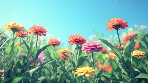 Vibrant flowers blooming under a clear blue sky in a lush garden during the bright summer afternoon