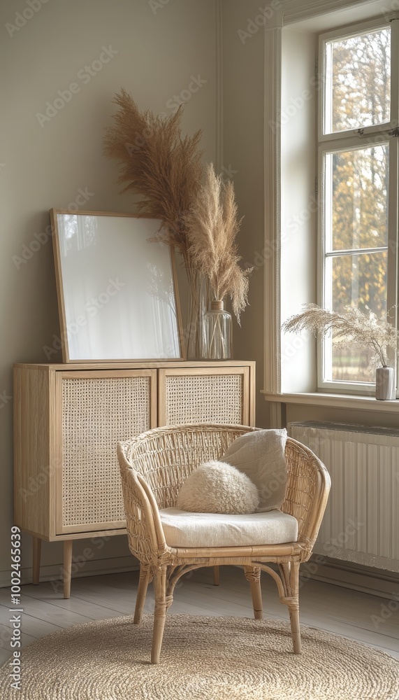 Scandinavian Interior, Wooden Cabinet, Rattan Armchair, Pampas Grass, Blank Canvas Art Scandinavian Interior, Wooden Cabinet, Rattan Armchair, Pampas Grass, Blank Canvas Art