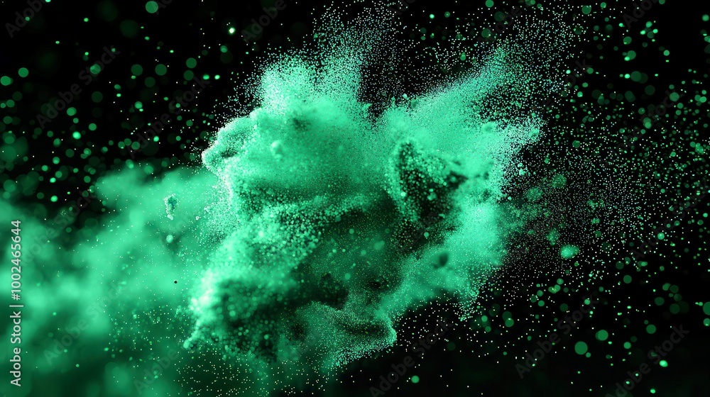 Lively Green Particles Dance, a dynamic background featuring vibrant green particles in fluid motion, enhanced by a captivating bokeh effect for an immersive visual experience.