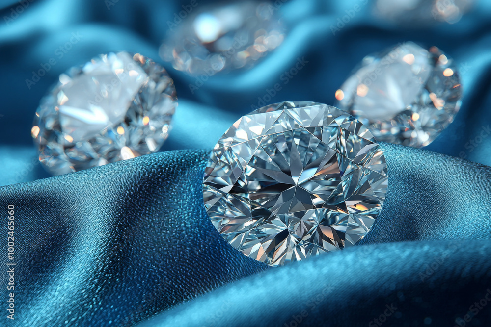 Shimmering diamonds resting on a blue satin fabric, creating an elegant and luxurious display Shimmering diamonds resting on a blue satin fabric, creating an elegant and luxurious display
