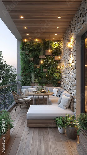 Tranquil minimalist balcony with light wood flooring and stone details