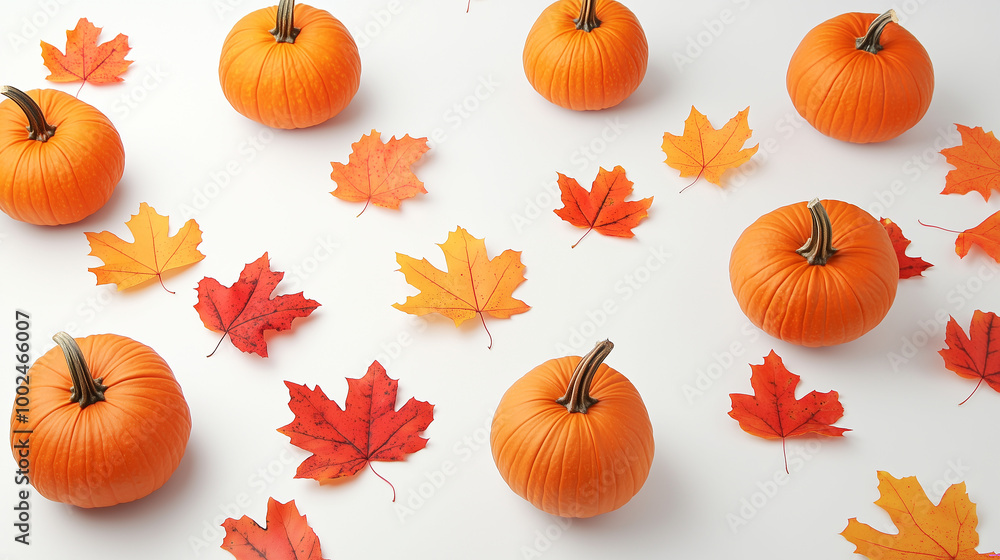 Pumpkins in different sizes with fall leaves scattered on a smooth white surface, inviting fall aesthetic