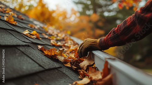 A person cleaning leaves from a roof gutter during autumn, emphasizing seasonal roof maintenance. photo