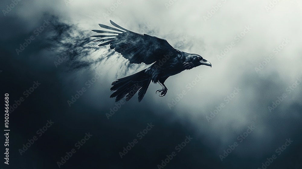 Fototapeta premium A bird flies effortlessly through a cloudy sky, its wings stretched wide, head held high
