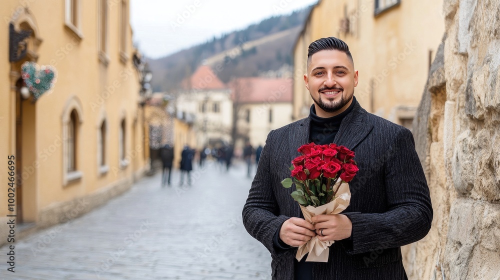 Fototapeta premium A charming middle-aged man smiles while holding roses on Valentine's Day in a picturesque street setting with natural light