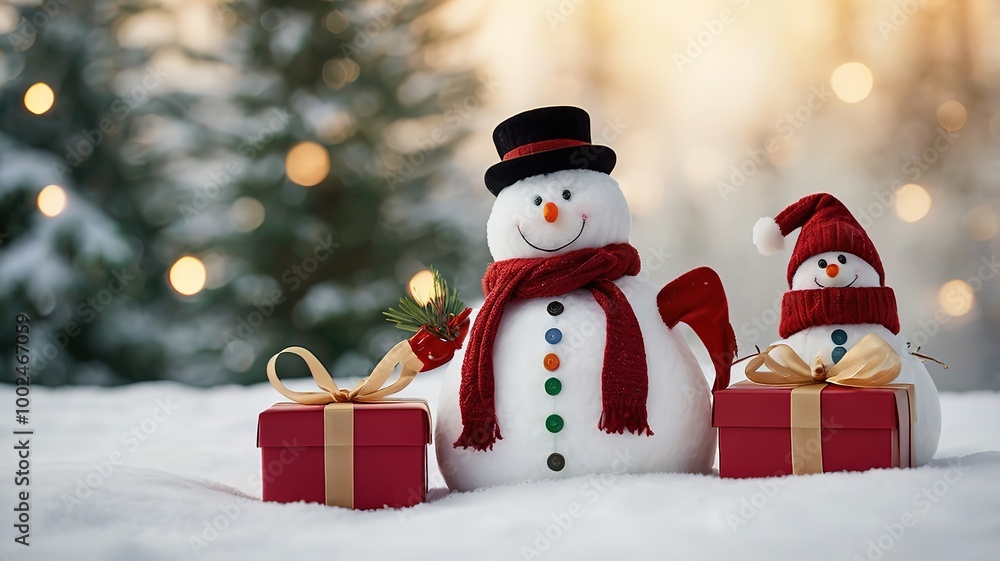 Snowman in celebration of Christmas and New Year's Day There is winter snow and a red gift box in the scene. Snowman in celebration of Christmas and New Year's Day There is winter snow and a red gift box in the scene.