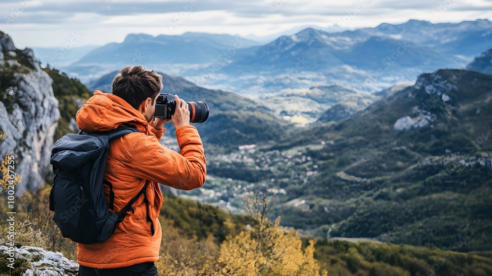 A young adult capturing landscape photos with a camera on a scenic mountain hike A young adult capturing landscape photos with a camera on a scenic mountain hike