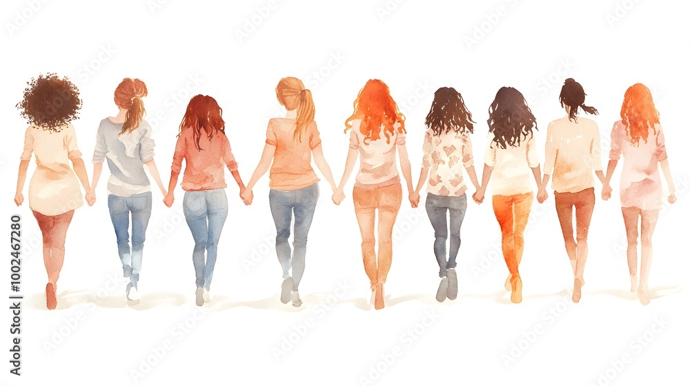 Naklejka premium A watercolor, realistic, and detailed illustration of a group of people holding hands in different colors and skin tones