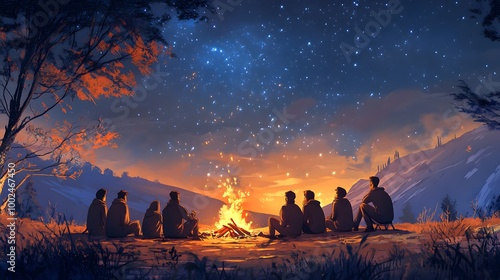 A group of friends gathered around a campfire under the stars