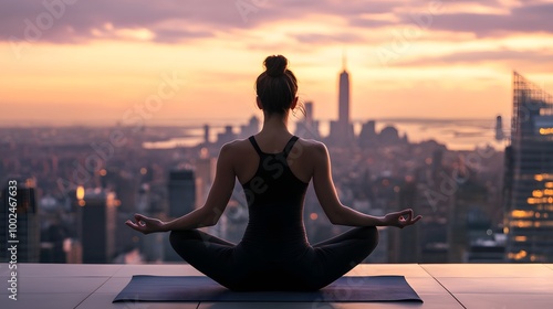 A young woman practicing yoga on a rooftop with city views