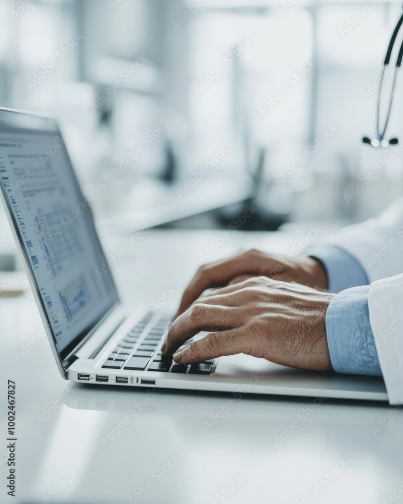 Close-Up of Doctor's Hands Typing on Laptop in White Coat with Blurred Office Background