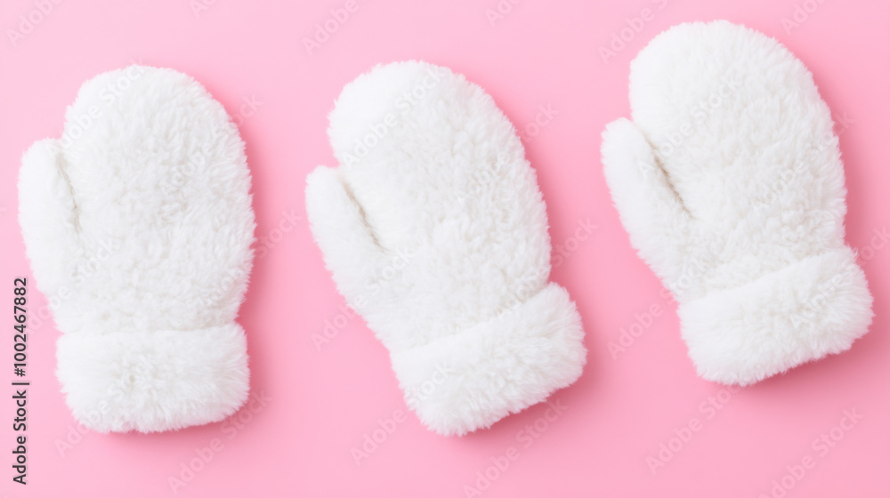 Cute white mittens arranged neatly on a pink background, perfect for winter fashion and warmth Cute white mittens arranged neatly on a pink background, perfect for winter fashion and warmth