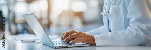 Close-Up of Doctor's Hands Typing on Laptop in White Coat with Blurred Office Background