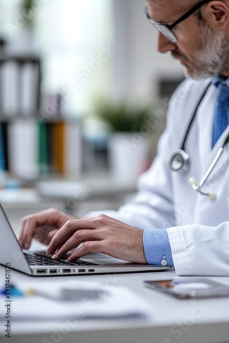 Close-Up of Doctor's Hands Typing on Laptop in White Coat with Blurred Office Background