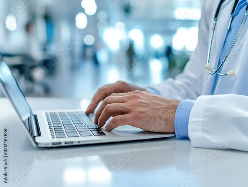 Close-Up of Doctor's Hands Typing on Laptop in White Coat with Blurred Office Background