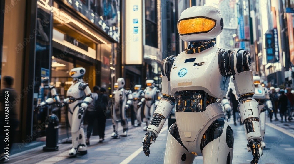Obraz premium Autonomous robots providing services in a smart city, from public transportation to security, illustrating the future of urban living