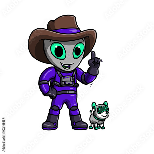 Alien Cowboy with Dog Companion in Cartoon Style Illustration