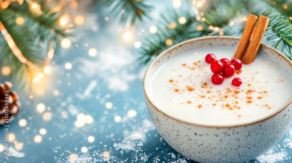 Creamy holiday drink with cinnamon, berries, and festive decorations on a blue background Creamy holiday drink with cinnamon, berries, and festive decorations on a blue background