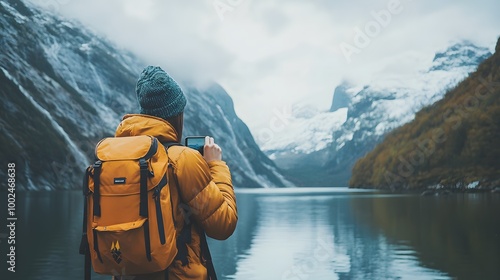 A millennial influencer taking scenic travel photos in a mountainous region