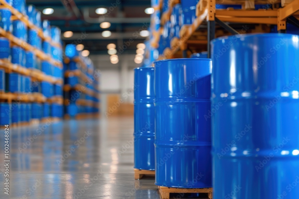 Industrial warehouse with stacked blue steel oil drums on shelves. Industrial warehouse with stacked blue steel oil drums on shelves.