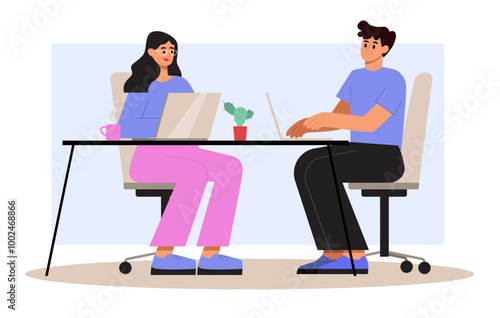 People Working on Laptop on Table. Teamwork in Office. Flat Vector Illustration.