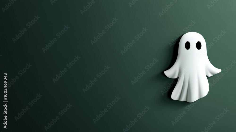 A playful ghost figurine attached to a dark green wall in a cozy setting A playful ghost figurine attached to a dark green wall in a cozy setting