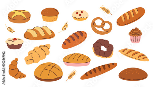 Bakery products set. Homemade bread. Bread, croissant, baguette, muffin, croissant, buns, pretzel, bagel. Vector illustration