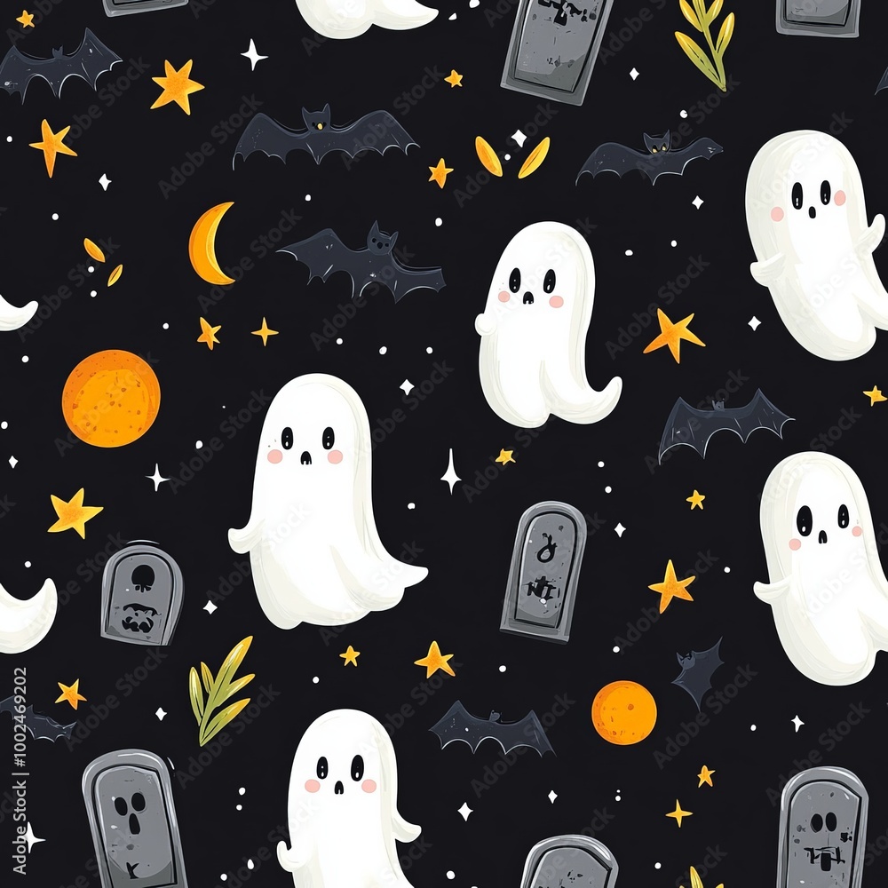 A Halloween themed pattern of ghosts and bats with a cemetery in the background A Halloween themed pattern of ghosts and bats with a cemetery in the background