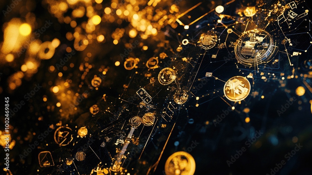 Fototapeta premium Golden symbols of trade success create an intricate abstract pattern on a dark backdrop, representing economic growth and opportunity