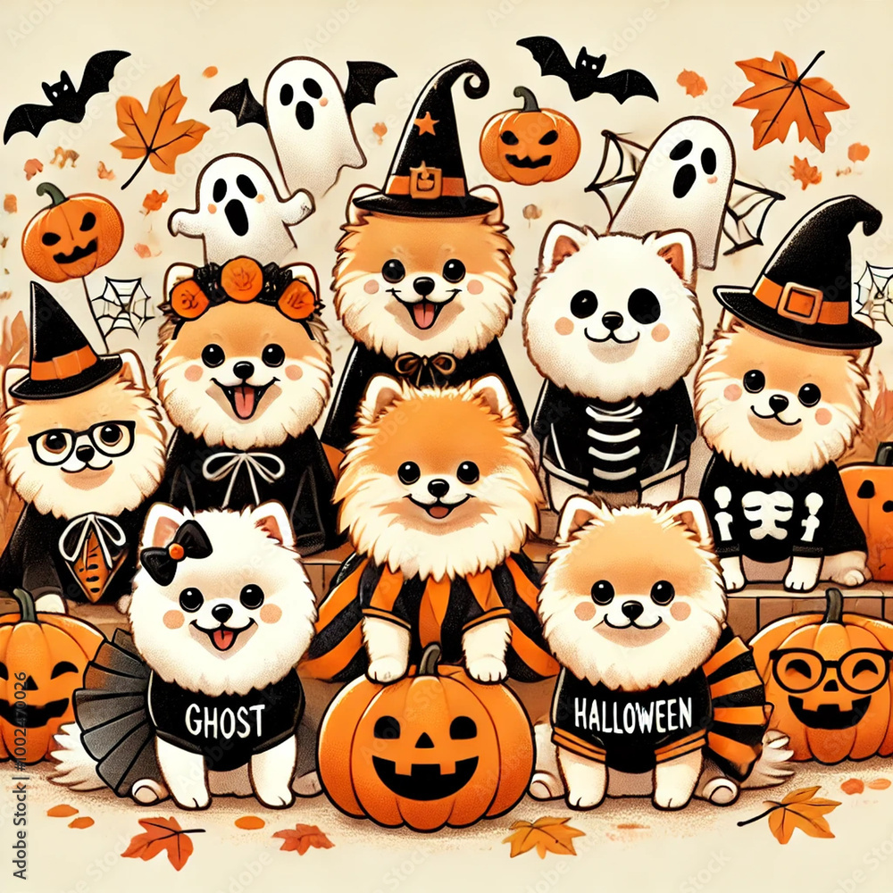 Fototapeta premium Adorable Pomeranians Dressed in Halloween Costumes with Pumpkins and Ghosts