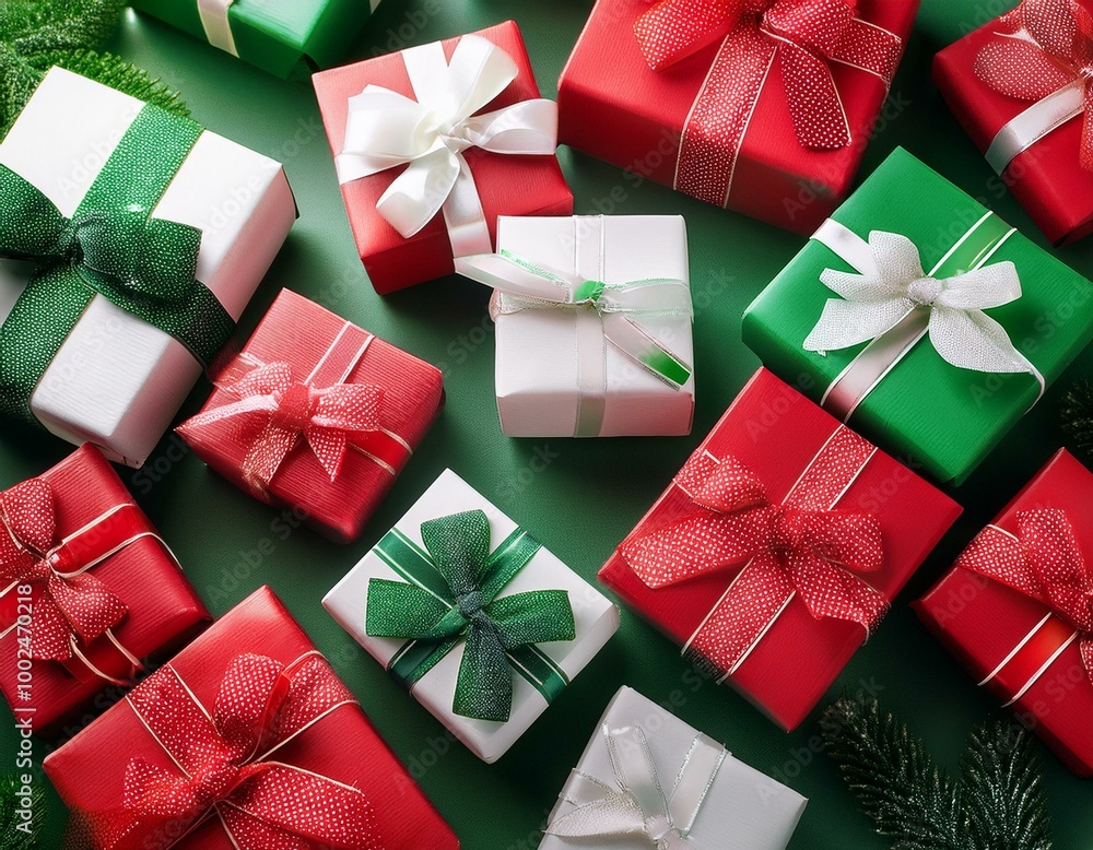 Top view of red, white and green gift boxes with bows for Christmas on green background Top view of red, white and green gift boxes with bows for Christmas on green background