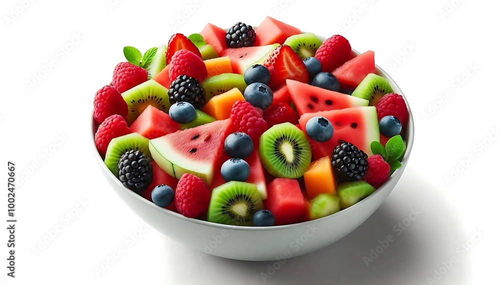 bowl of mixed fruit salad with vibrant slices of watermelon, kiwi, and berries. bowl of mixed fruit salad with vibrant slices of watermelon, kiwi, and berries.