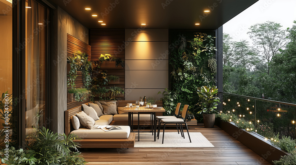 Fototapeta premium Minimalist balcony with clean lines and wood accents