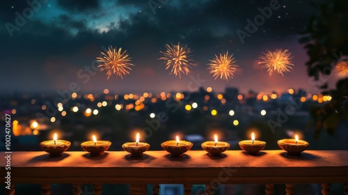 Decorative earthen diyas lining the balcony railing of a traditional Indian home, with a distant view of fireworks and a starry sky in the background. Copy space, Indian traditional festival happy 