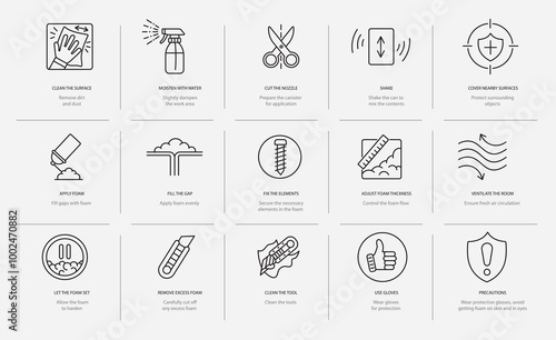 Instructions for using polyurethane foam, vector line icon set with editable stroke, Clean the surface and moisten with water, apply foam cut and off the nozzle, shake and secure the elements