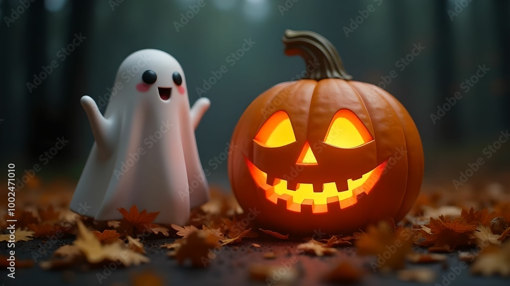 Close up of ghost and pumpkin, concept for halloween day celebration Close up of ghost and pumpkin, concept for halloween day celebration