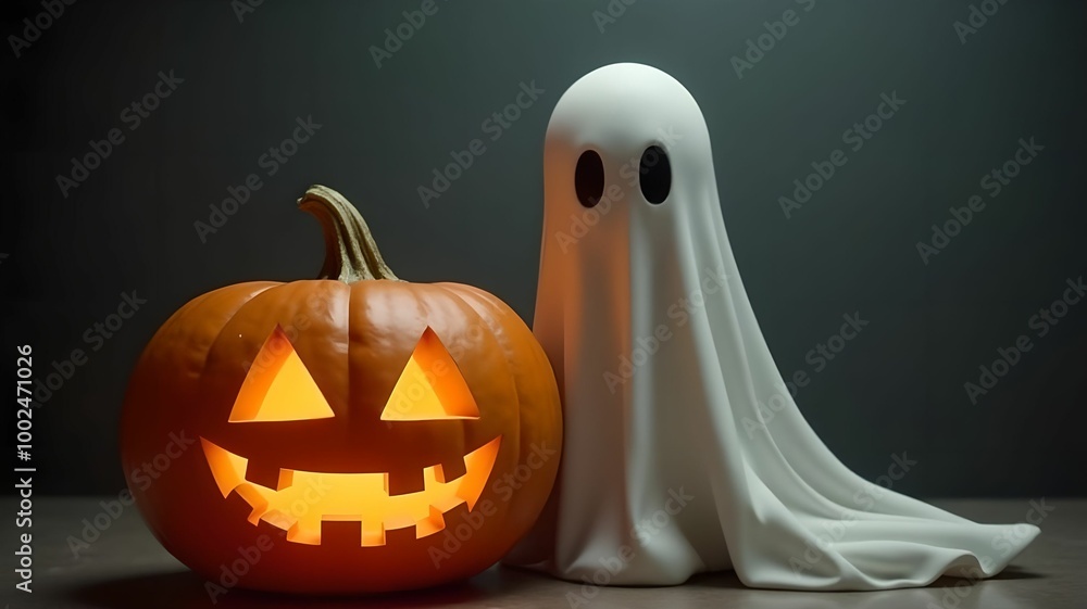 Close up of ghost and pumpkin, concept for halloween day celebration Close up of ghost and pumpkin, concept for halloween day celebration