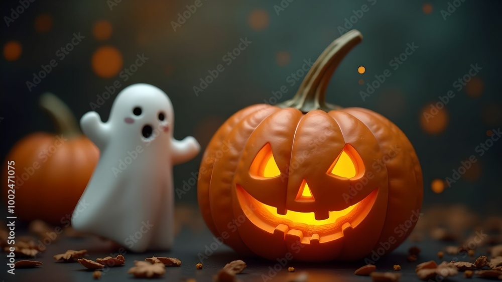 Close up of ghost and pumpkin, concept for halloween day celebration Close up of ghost and pumpkin, concept for halloween day celebration