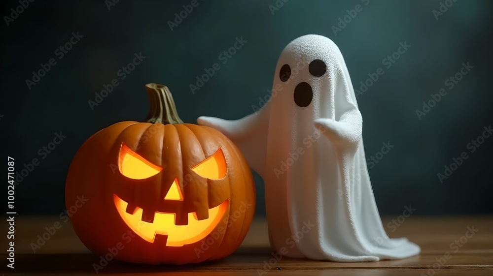 Close up of ghost and pumpkin, concept for halloween day celebration Close up of ghost and pumpkin, concept for halloween day celebration