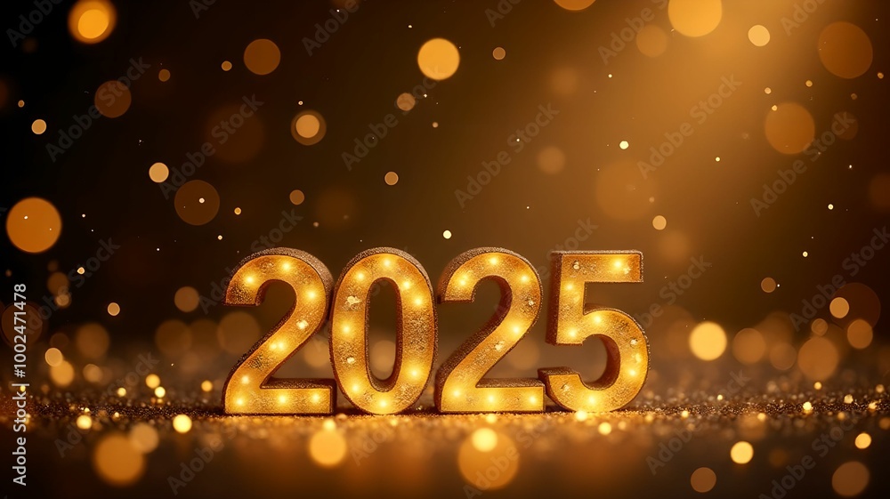 Happy New Year 2025, background with golden bokeh lights and stars. Happy New Year 2025, background with golden bokeh lights and stars.