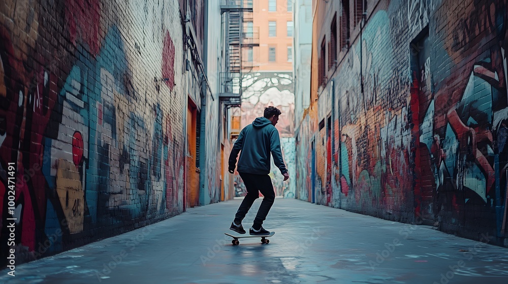 Fototapeta premium Młody mężczyzna jeżdżący na deskorolce po miejskiej uliczce pokrytej sztuką uliczną