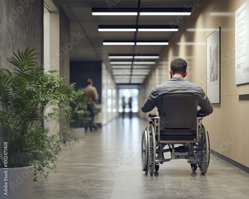 A man moves around the office in a wheelchair. Accessible environment