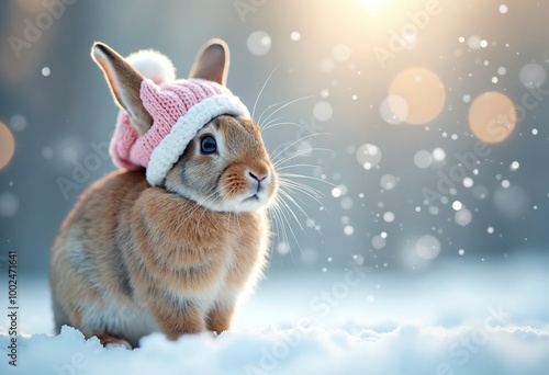 Adorable Rabbit in Winter Hat Blowing Snowflakes Amid Twinkling Lights and Soft Pastel Tones