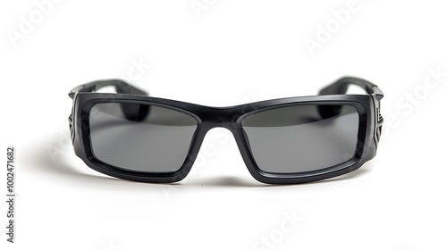 A pair of black police-issue sunglasses, arranged on a white background.